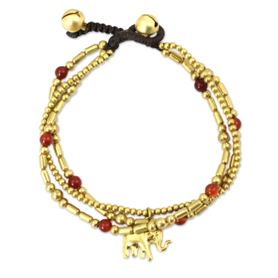 Carnelian beaded bracelet, 'Thai Elephant Charm' - Brass Bracelet Carnelian Gems Beaded Jewelry