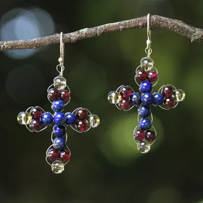 Lapis lazuli and garnet dangle earrings, 'Cross of Hope' - Garnet and Lapis Lazuli Cross Earrings from Thailand