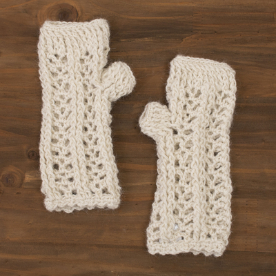 100% alpaca fingerless mitts, 'Cool Antique White' - Hand-Crocheted 100% Alpaca Fingerless Mitts in Antique White