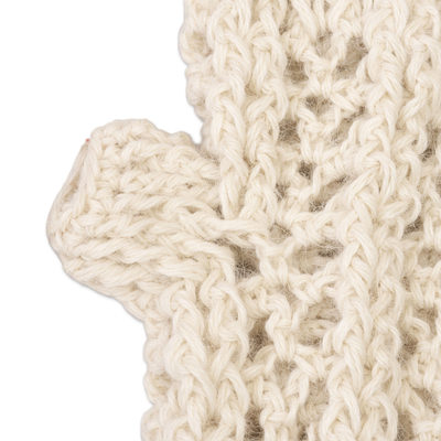 100% alpaca fingerless mitts, 'Cool Antique White' - Hand-Crocheted 100% Alpaca Fingerless Mitts in Antique White