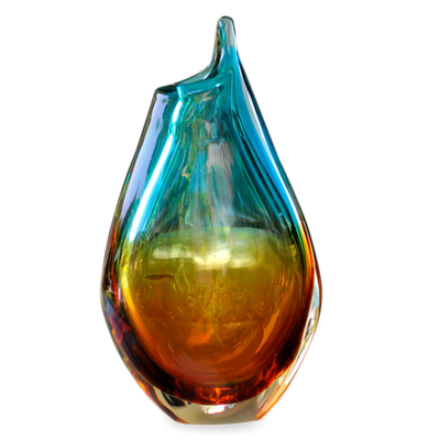 Handblown art glass vase, 'Sunny Sea' - Murano Inspired Handblown Glass Vase