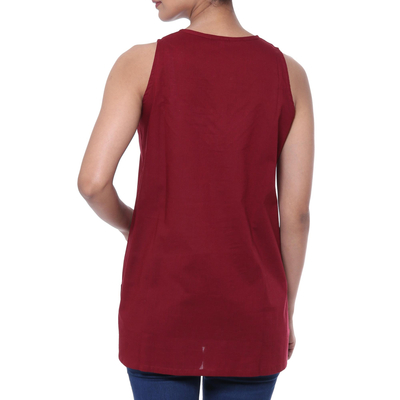Cotton blouse, 'Burgundy Charm' - Glass Beaded Cotton Blouse in Burgundy from India