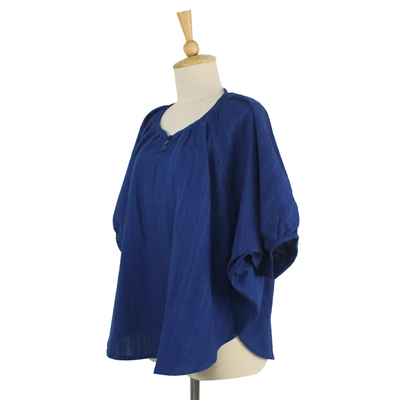 Cotton blouse, 'Wondrous in Blue' - Blue Cotton Women's Blouse with Butterfly Sleeves