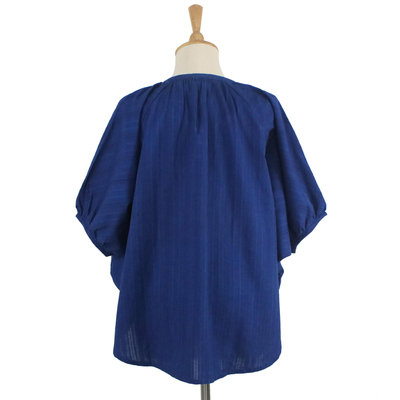 Cotton blouse, 'Wondrous in Blue' - Blue Cotton Women's Blouse with Butterfly Sleeves