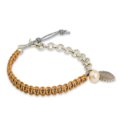Cultured pearl and leather charm bracelet, 'Tan Forest Peach' - Hand Knotted Leather and Silver Bracelet with Cultured Pearl