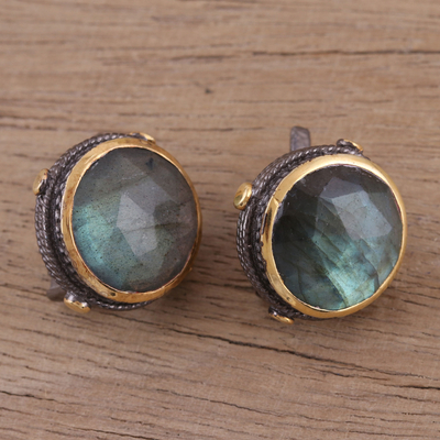 Gold accented labradorite button earrings, 'Radiant Unity' - Gold Accent Labradorite and Sterling Silver Button Earrings