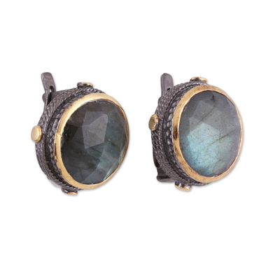 Gold accented labradorite button earrings, 'Radiant Unity' - Gold Accent Labradorite and Sterling Silver Button Earrings