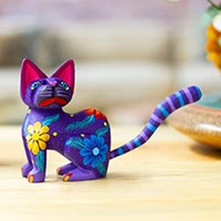 Alebrije sculpture, 'Springtime Cat' - Hand Crafted Purple Wood Kittycat Folk Art Sculpture