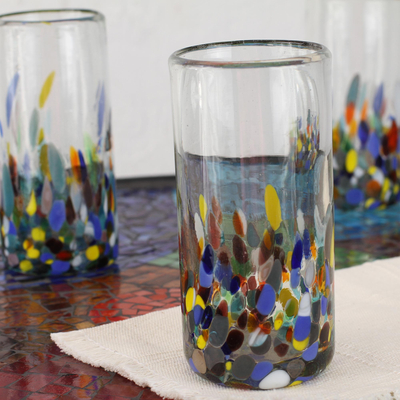 Blown glass highball glasses, 'Confetti Festival' (set of 5) - Multicolor Hand Blown Glass Highball Glasses (Set of 5)