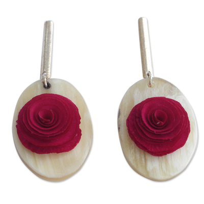 Gold accented wood and horn dangle earrings, 'Oval Rose' - Floral Oval Wood and Horn Dangle Earrings from Brazil