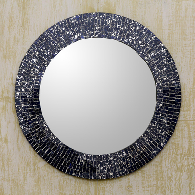 Glass mosaic wall mirror, 'Round Navy Cosmos' - Navy Blue Glass Mosaic Round Wall Mirror Crafted by Hand