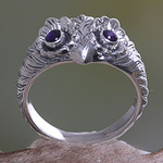 Amethyst and Silver Bird Ring, 'Owl Wisdom'