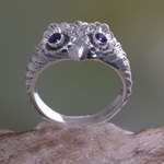 Amethyst ring, 'Owl Wisdom' - Amethyst and Silver Bird Ring