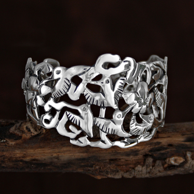 Silver cuff bracelet, 'Hummingbird Mystique' - Hand Made Fine Silver Bird Cuff Bracelet