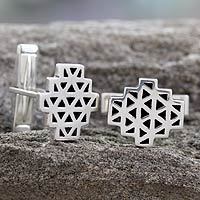 Sterling silver cufflinks, 'Geodesic' - Sterling silver cufflinks