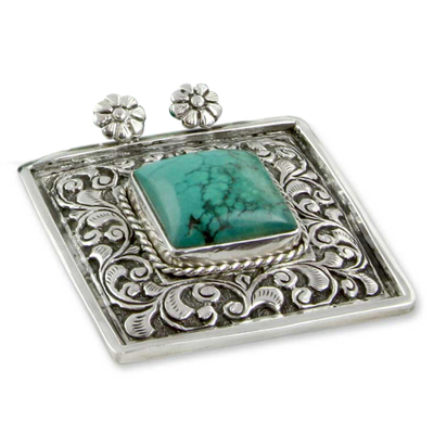 Turquoise pendant, 'Mughal Sky' - Turquoise and Sterling Silver Pendant