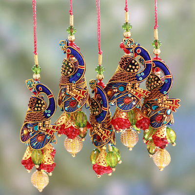 Beaded ornaments, 'Mughal Peacocks' (set of 5) - Handcrafted Hand Beaded Christmas Ornaments (Set of 5)
