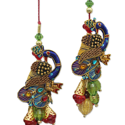 Beaded ornaments, 'Mughal Peacocks' (set of 5) - Handcrafted Hand Beaded Christmas Ornaments (Set of 5)