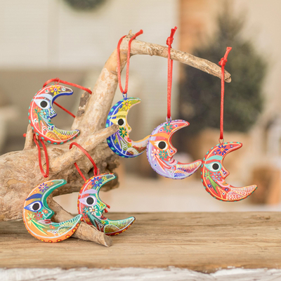 Ceramic ornaments, 'Crescent Moon' (set of 6) - Handcrafted Christmas Ceramic Ornaments (Set of 6)
