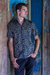 Men's cotton batik shirt, 'Borneo Slate' - Men's Green and Black Short Sleeves Cotton Batik Shirt