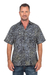 Men's cotton batik shirt, 'Borneo Slate' - Men's Green and Black Short Sleeves Cotton Batik Shirt