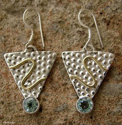 Blue topaz dangle earrings, 'Golden Serpent' - Blue Topaz Earrings Sterling Silver with Brass Accent