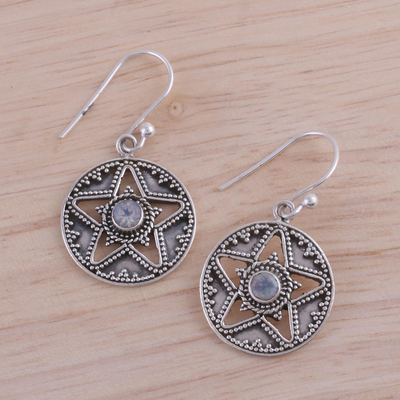 Rainbow moonstone dangle earrings, 'Starry Discs' - Star-Shaped Rainbow Moonstone Dangle Earrings from India