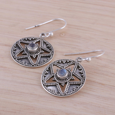 Rainbow moonstone dangle earrings, 'Starry Discs' - Star-Shaped Rainbow Moonstone Dangle Earrings from India