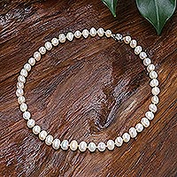 Pearl and peridot strand necklace, 'Pink Sea Breath' - Handcrafted Bridal Pearl Strand Necklace