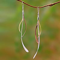 Gold and rose gold accented sterling silver dangle earrings, 'Jimbaran Tendrils' - Gold and Rose Gold Accent Sterling Silver Earrings from Bali