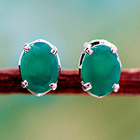Sterling silver button earrings, 'India Green' - Unique Women's Stud Onyx Earrings