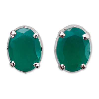Sterling silver button earrings, 'India Green' - Unique Women's Stud Onyx Earrings