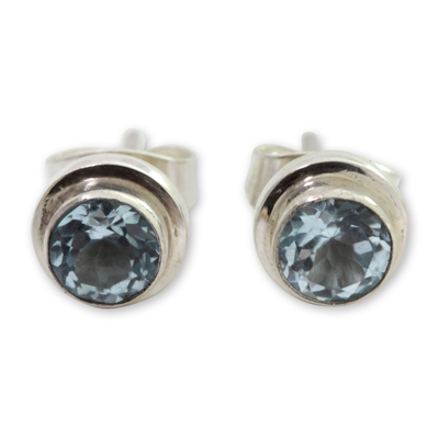 Blue topaz stud earrings, 'Blue Simplicity' - Classic Blue Topaz and Sterling Silver Round Stud Earrings