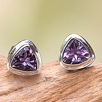Amethyst stud earrings, 'Purple Trinity' - Artisan Crafted Amethyst and Sterling Silver Stud Earrings