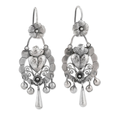 Sterling silver dangle earrings, 'Heartfelt Blossom' - Floral Heart-Shaped Sterling Silver Earrings from Mexico