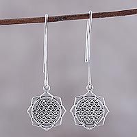 Sterling silver dangle earrings, 'Shri Yantra Mantra Glory' - Shri Yantra Mantra Motif Sterling Silver Dangle Earrings