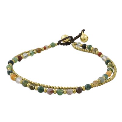 Agate beaded anklet, 'Valley of Color' - Handmade Multi-Color Agate Brass Beaded Anklet with Loop