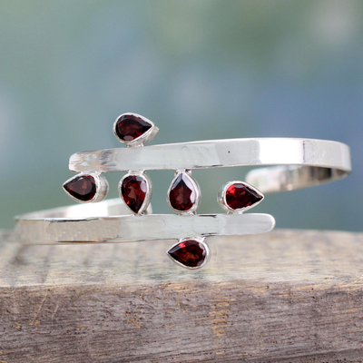 Garnet cuff bracelet, 'Crimson Moment' - Sterling Silver Cuff Garnet Bracelet Modern Jewelry