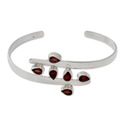 Garnet cuff bracelet, 'Crimson Moment' - Sterling Silver Cuff Garnet Bracelet Modern Jewelry