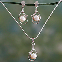 Pearl jewelry set, 'Lunar Magic' - Bridal Pearl Jewelry Set Sterling Silver Necklace Earrings