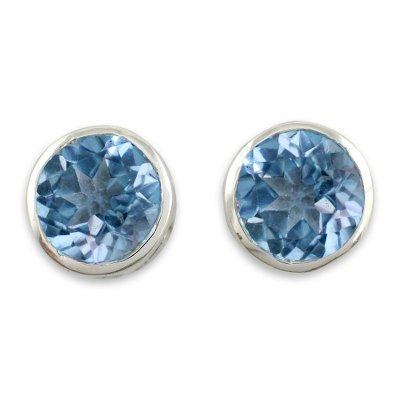 Blue topaz stud earrings, 'Spark of Life' - Blue Topaz Stud Earrings Sterling Silver Jewelry