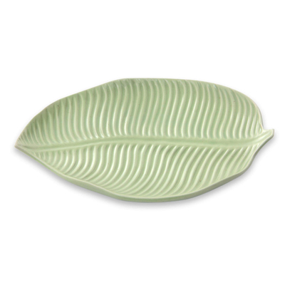 Ceramic plate, 'Jungle Banana Leaf' - Handmade Ceramic Leaf Plate with Light Green Glaze