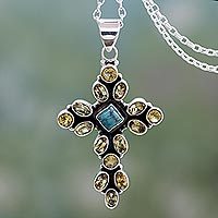 Citrine pendant necklace, 'Radiant Cross' - Citrine and Sterling Silver Necklace with Cross Pendant