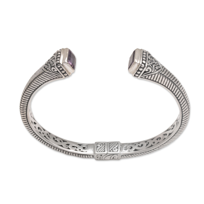 Amethyst cuff bracelet, 'Bali Charm' - Sterling Silver and Amethyst Cuff Bracelet from Indonesia