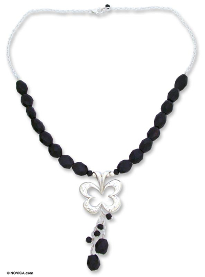 Onyx Y-necklace, 'Nocturnal Butterfly' - Onyx and Sterling Silver Y-Necklace