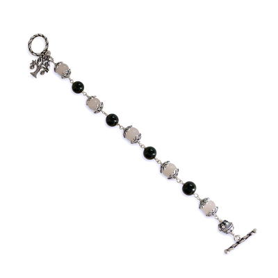 Rose quartz and onyx beaded bracelet, 'Lucky Money Tree' (7 inch) - Beaded Onyx and Rose Quartz Bracelet (7 Inch)