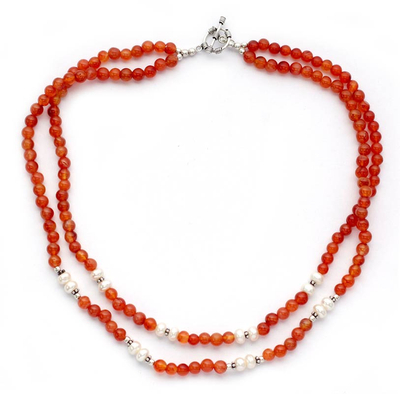 Carnelian and cultured pearl strand necklace, 'Chennai Sunset' - Carnelian and Cultured Pearl Strand Necklace