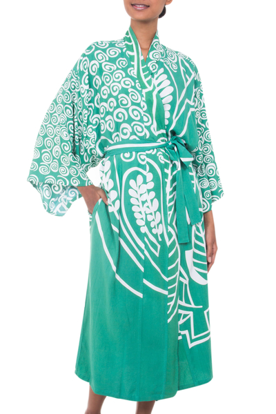 Robe aus Rayon - Damen-Robe aus Rayon mit Siebdruck in Grün und Elfenbein