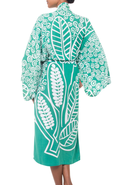 Rayon robe, 'Bali Breeze' - Silk Screen Green and Ivory Print Women's Rayon Robe