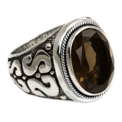 Men's smoky quartz ring, 'Java Shadow' - Men's Unique Sterling Silver and Smoky Quartz Ring